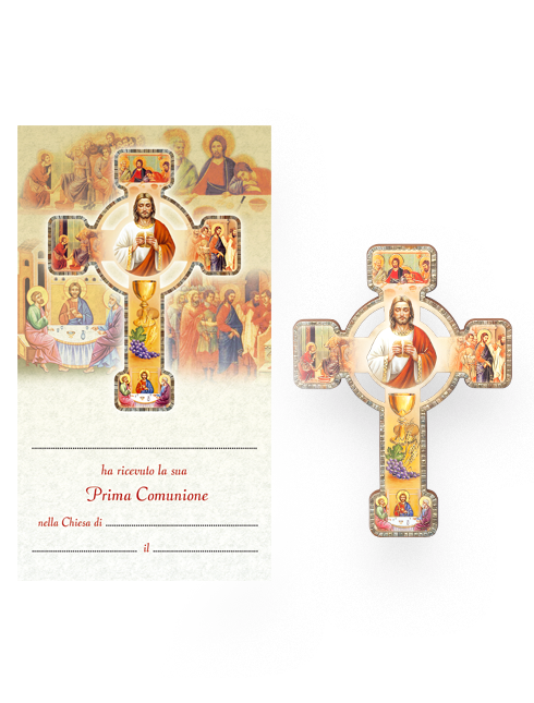 Croce con cartoncino effetto legno a rilievo con figure tematiche
