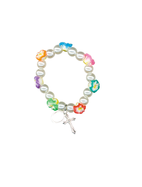 Bracciale bimbi con grani in perla e fiori colorati