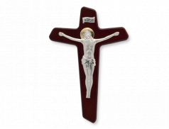 Croce in legno con Cristo a rilievo in argento PVD 