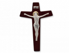 Croce in legno con Cristo a rilievo in argento PVD