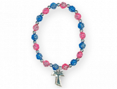 Bracciale in polimero con grani rosa intarsiati bicolore e crocetta Tau 