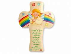 Croce in polimero colore legno con immagine e preghiera con effetto rilievo al tatto