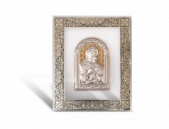 Quadro da parete in cristallo con dettagli argentati a rilievo con placca in argento bilaminato con dettagli dorati 