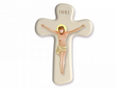Croce effetto perla con Cristo in polimero a rilievo
