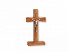 Croce in legno d'ulivo con Cristo in metallo e base