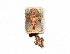 Confezione con Croce San Damiano da collo in legno d'ulivo con immagine smaltata