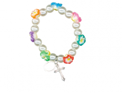 Bracciale bimbi con grani in perla e fiori colorati