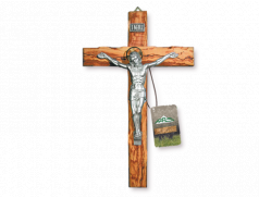 Croce in legno d'ulivo con cristo in metallo argentato
