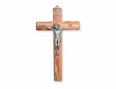 Croce in legno d'ulivo con cristo in metallo argentato 