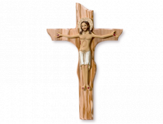 Croce in legno d'ulivo con corpo a rilievo in resina dipinto a mano