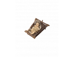 Bambino Gesù in resina dipinto a mano su culletta in legno e paglia 14 cm