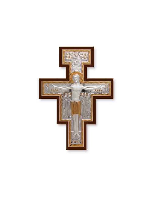 Crocifisso in legno con placca in argento bilaminato con dettagli dorati