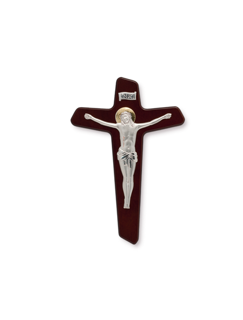 Croce in legno con Cristo a rilievo in argento PVD 