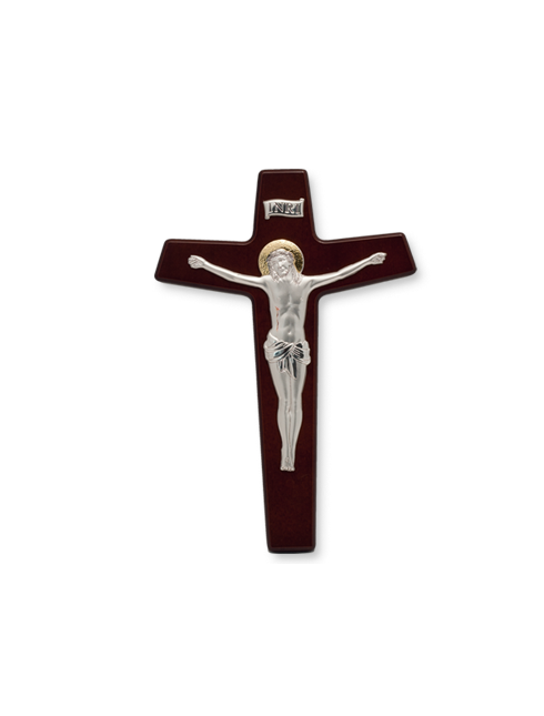 Croce in legno con Cristo a rilievo in argento PVD