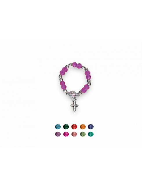 Anello rosario con grani in cristallo con croce pendente 