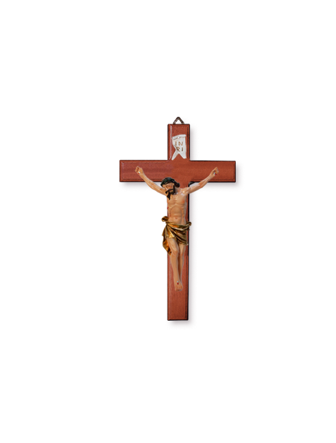 Croce in legno di faggio e corpo in resina dipinta mano