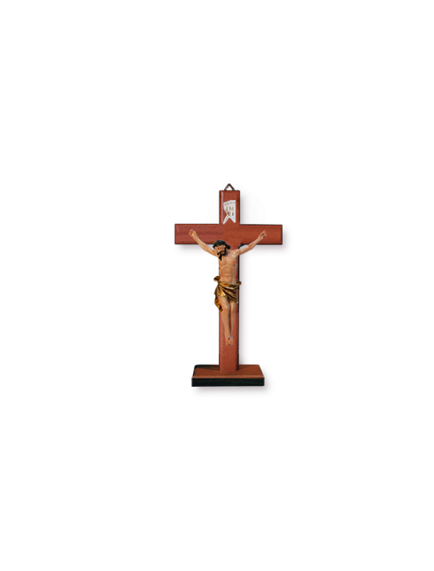 Croce in legno di faggio con base e corpo in resina dipinta a mano