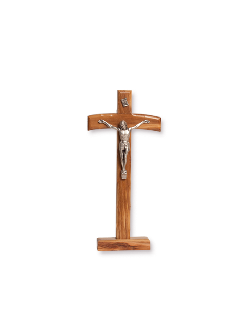 Croce in legno d'ulivo con Cristo in metallo e base 