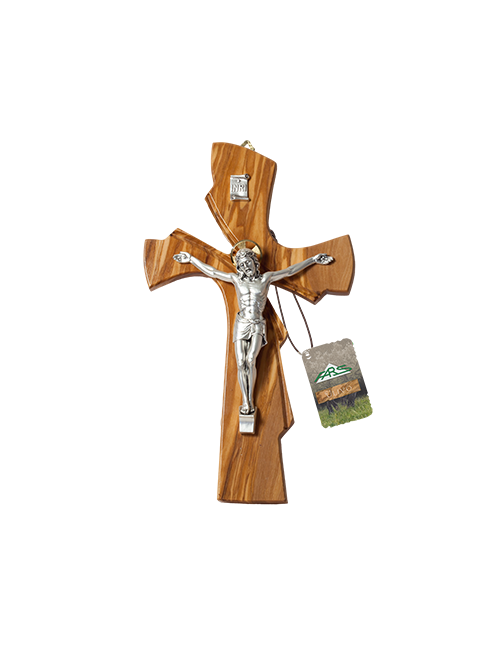 Croce in legno di ulivo con Cristo in metallo argentato