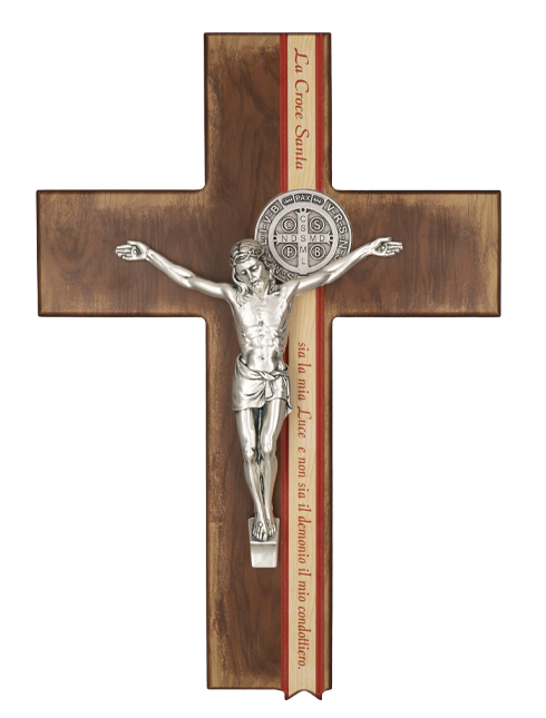 Croce in legno "San Benedetto" con cristo e medaglie in metallo 34 cm