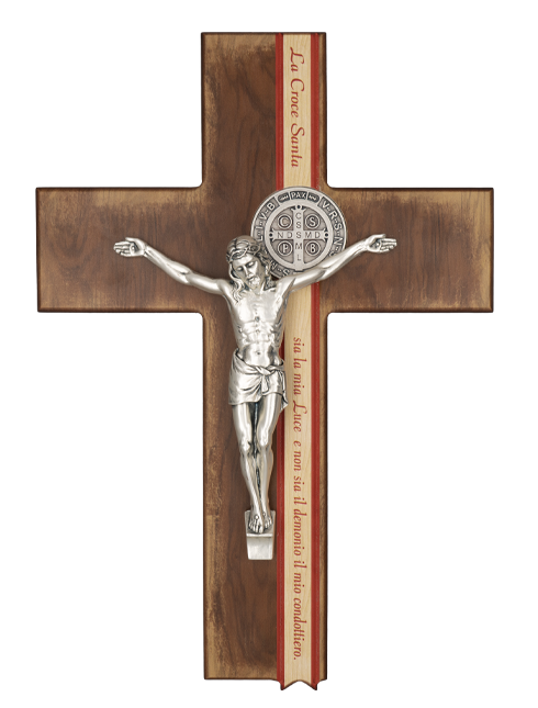 Croce in legno "San Benedetto" con cristo e medaglie in metallo 27 cm