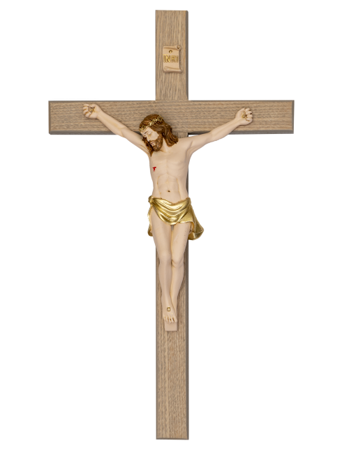 Croce in legno frassino decapè con cristo in resina dipinta a mano 22x38