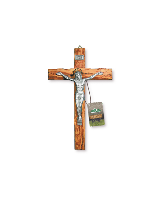 Croce in legno d'ulivo con cristo in metallo argentato