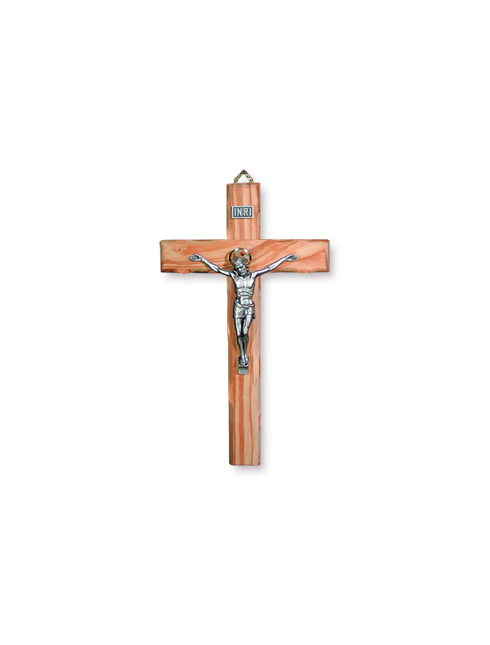 Croce in legno d'ulivo con cristo in metallo argentato