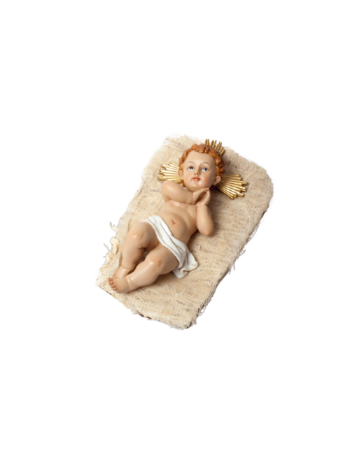 Bambino Gesù in resina dipinto a mano su culletta in canapa 