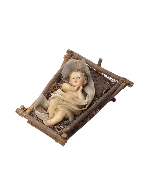 Bambino Gesù in resina dipinto a mano su culletta in legno e paglia 20 cm