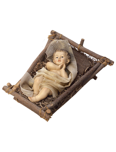 Bambino Gesù in resina dipinto a mano su culletta in legno e paglia 25 cm