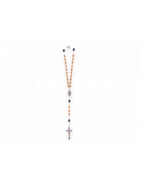 Rosario in legno d'ulivo con grani ovali e pater blu in cristallo 