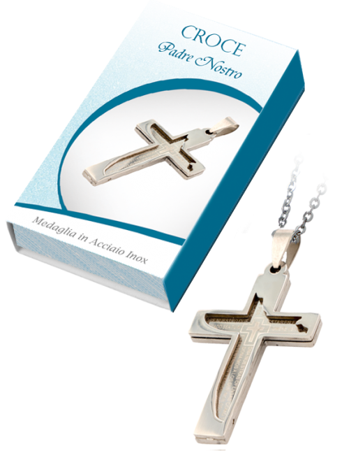 Confezione con croce Padre Nostro in acciaio inox