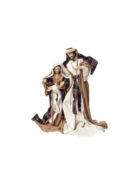 Sacra Famiglia in resina dipinta a mano ed abiti in stoffa