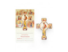 Croce con cartoncino effetto legno a rilievo con figure tematiche