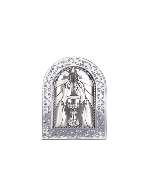 Quadretto in plex da poggio cornice con dettagli argentati e placca in bilaminato d'argento  6x9 cm 