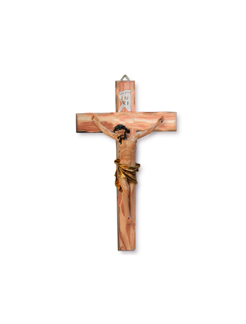 Croce in legno d'ulivo con corpo in resina dipinto a mano