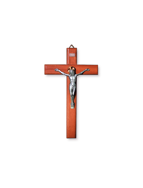 Croce in faggio sagomata con cristo in metallo