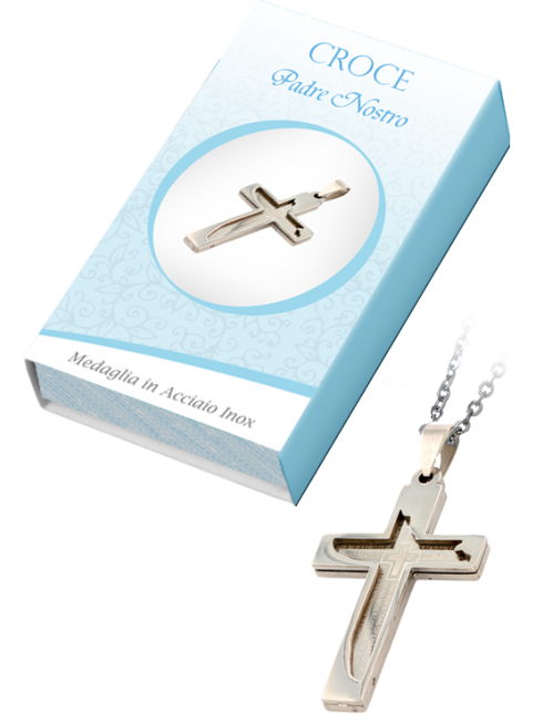 Confezione con croce Padre nostro in acciaio inox