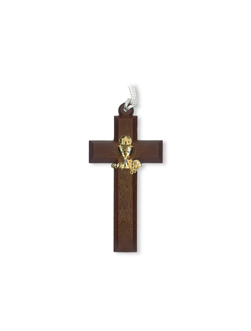 Croce in polimero effetto legno con calice in metallo colore oro